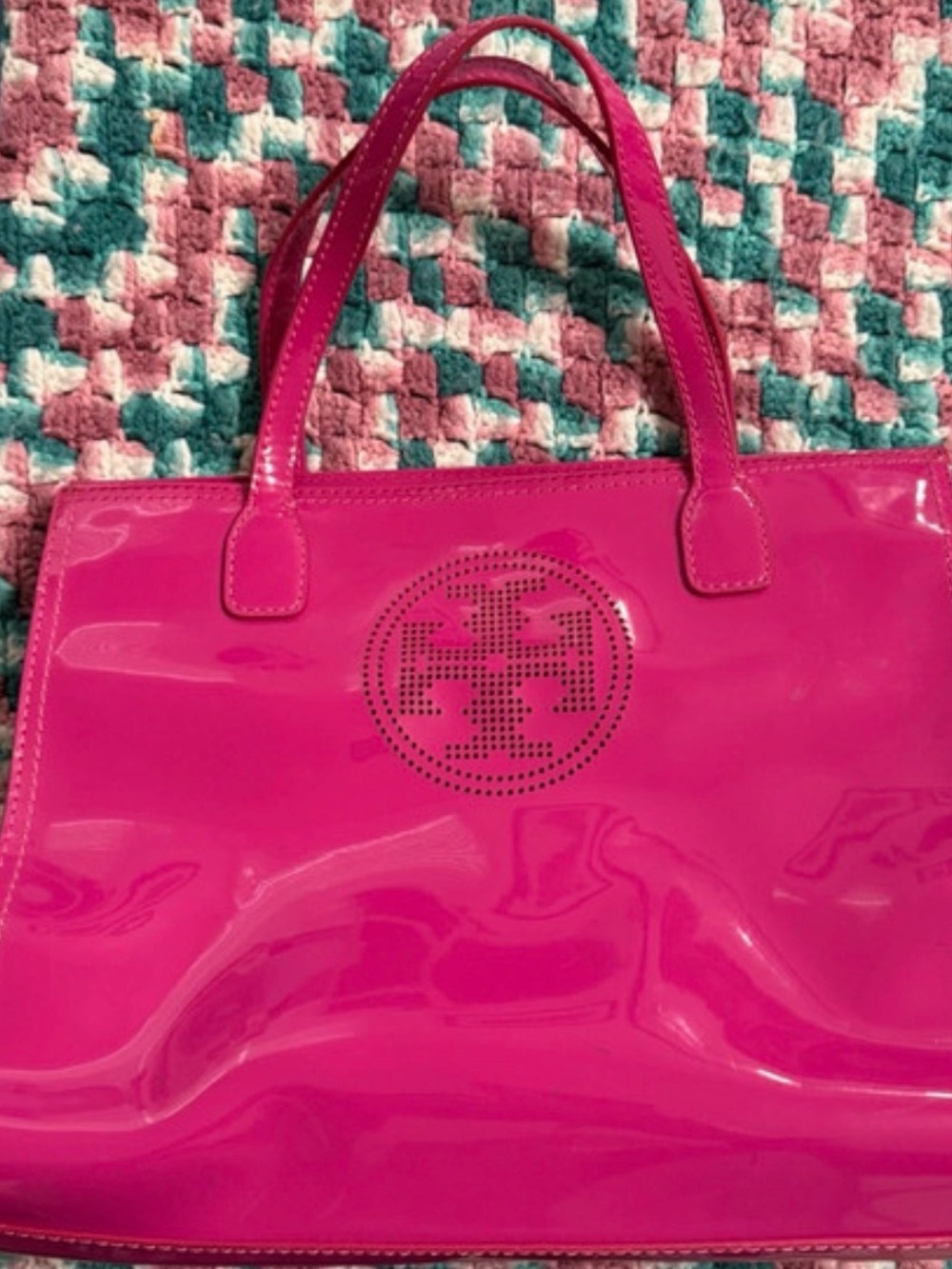 Patent Pink Perforated Logo Tote